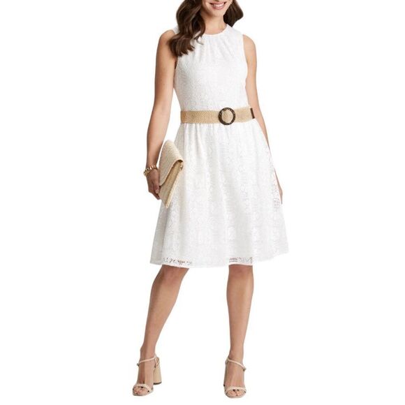 London‎ Times Belted Fit & Flare Crochet Dress Size 16 White Sleeveless NEW - Picture 1 of 10